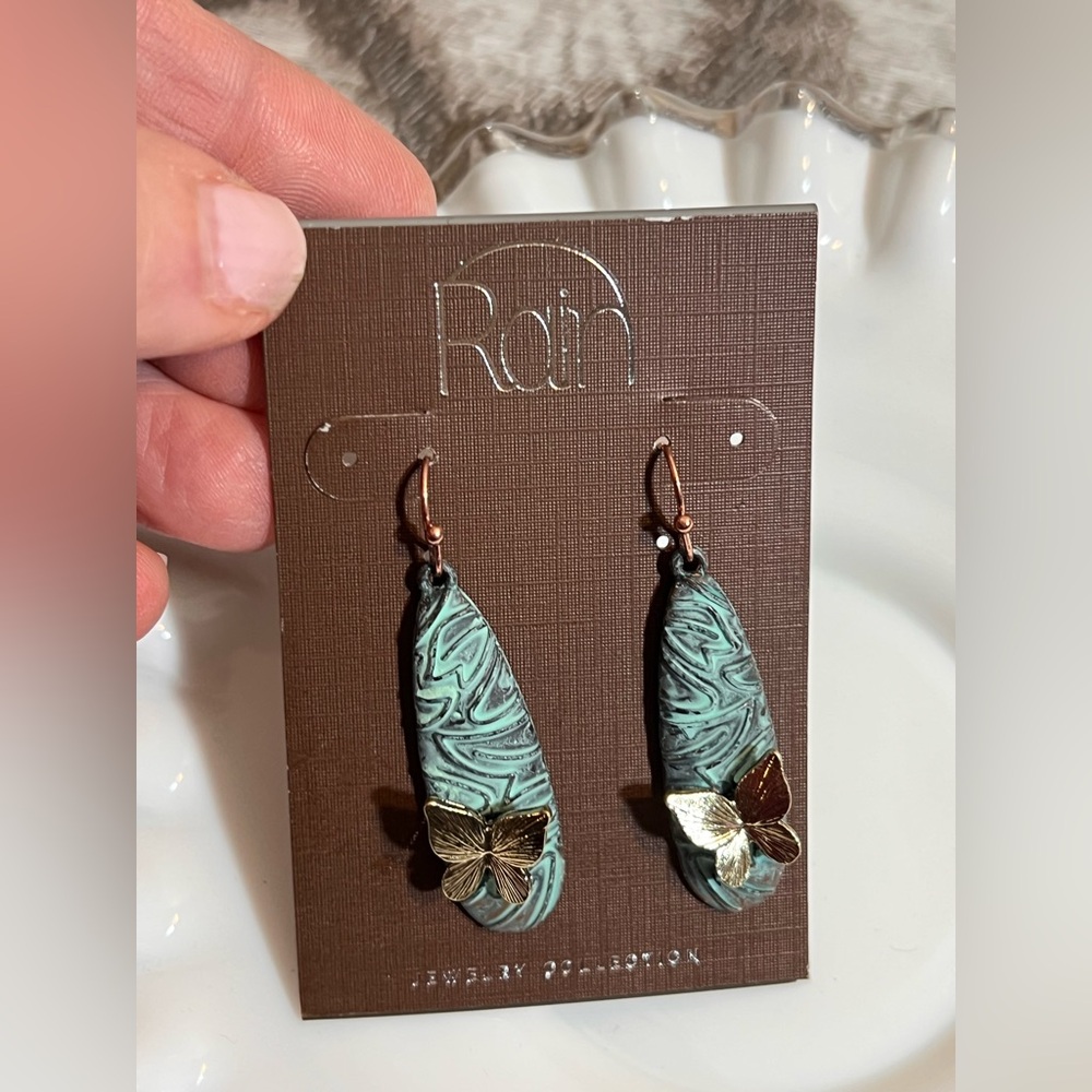 Rain Green and Gold Textured Butterfly Earrings